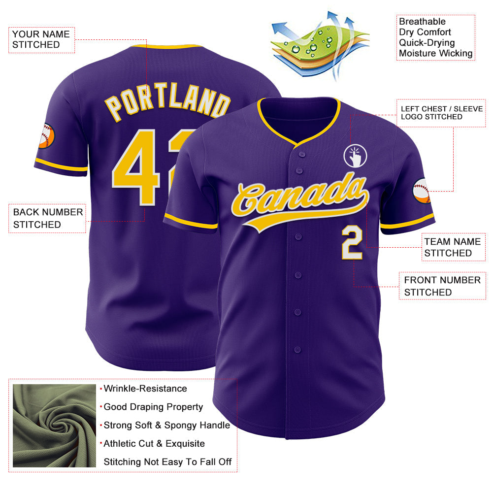 Custom Purple Yellow-White Authentic Baseball Jersey view 3