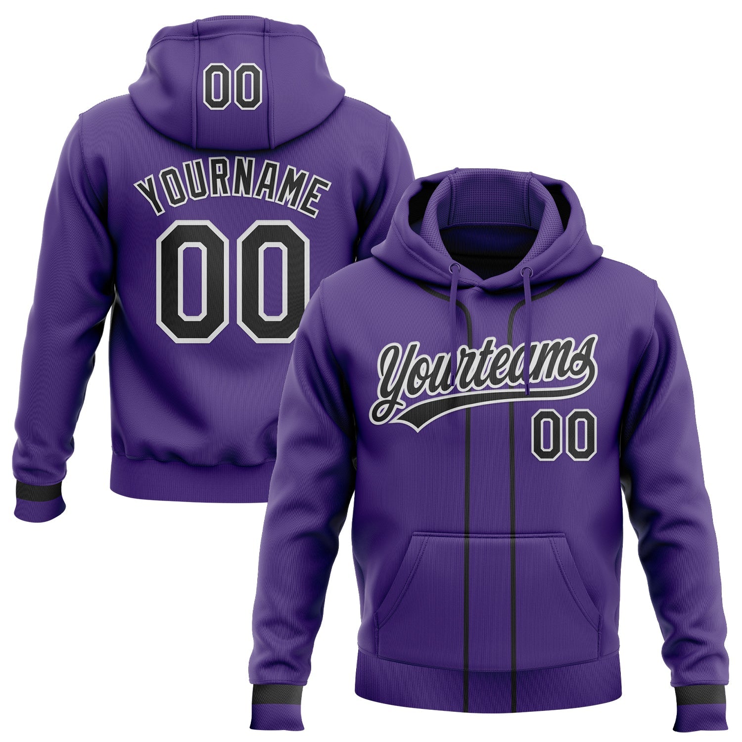 Custom Stitched Purple Black-White Baseball Pullover Sweatshirt Hoodie - Main View
