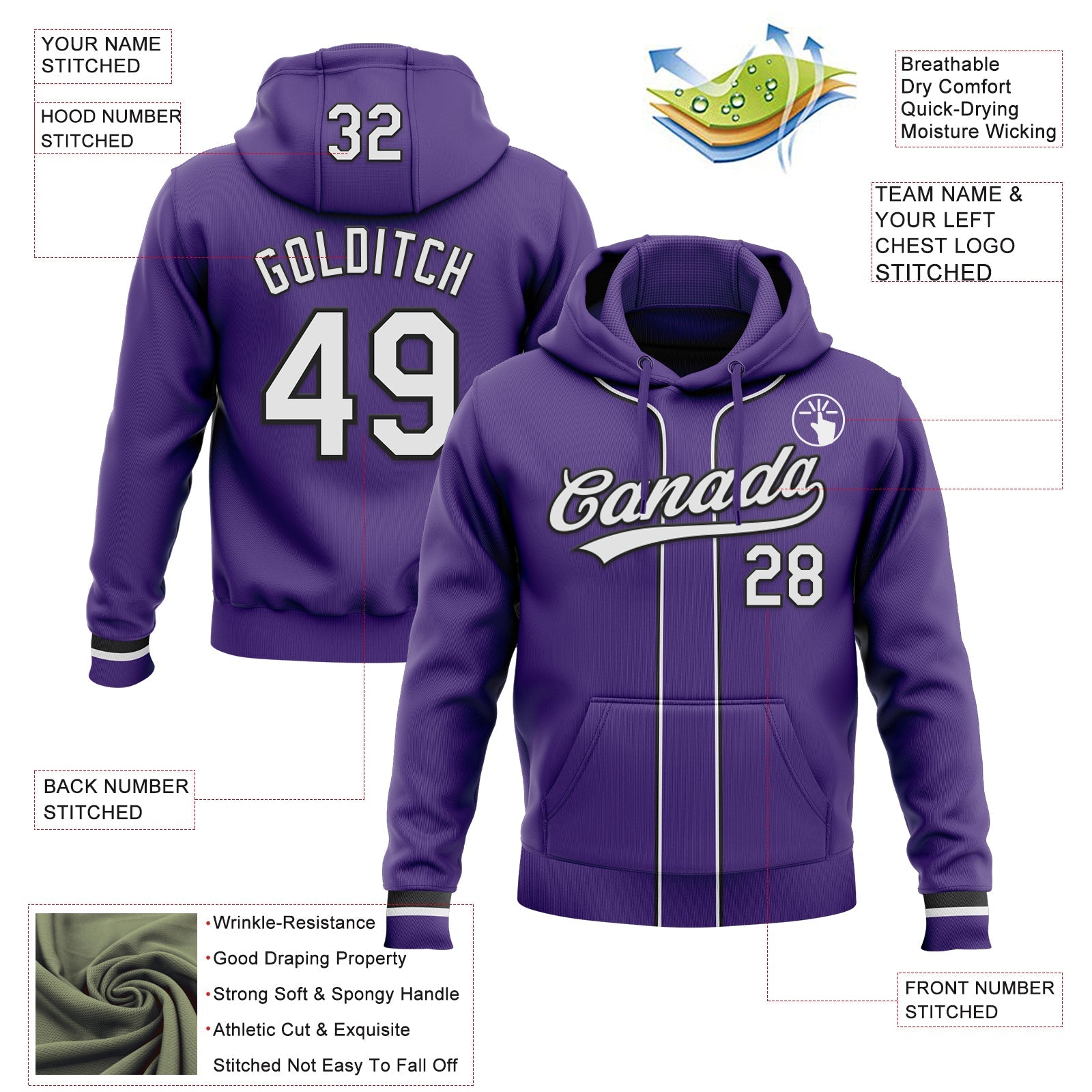 Custom Stitched Purple White-Black Baseball Pullover Sweatshirt Hoodie view 2