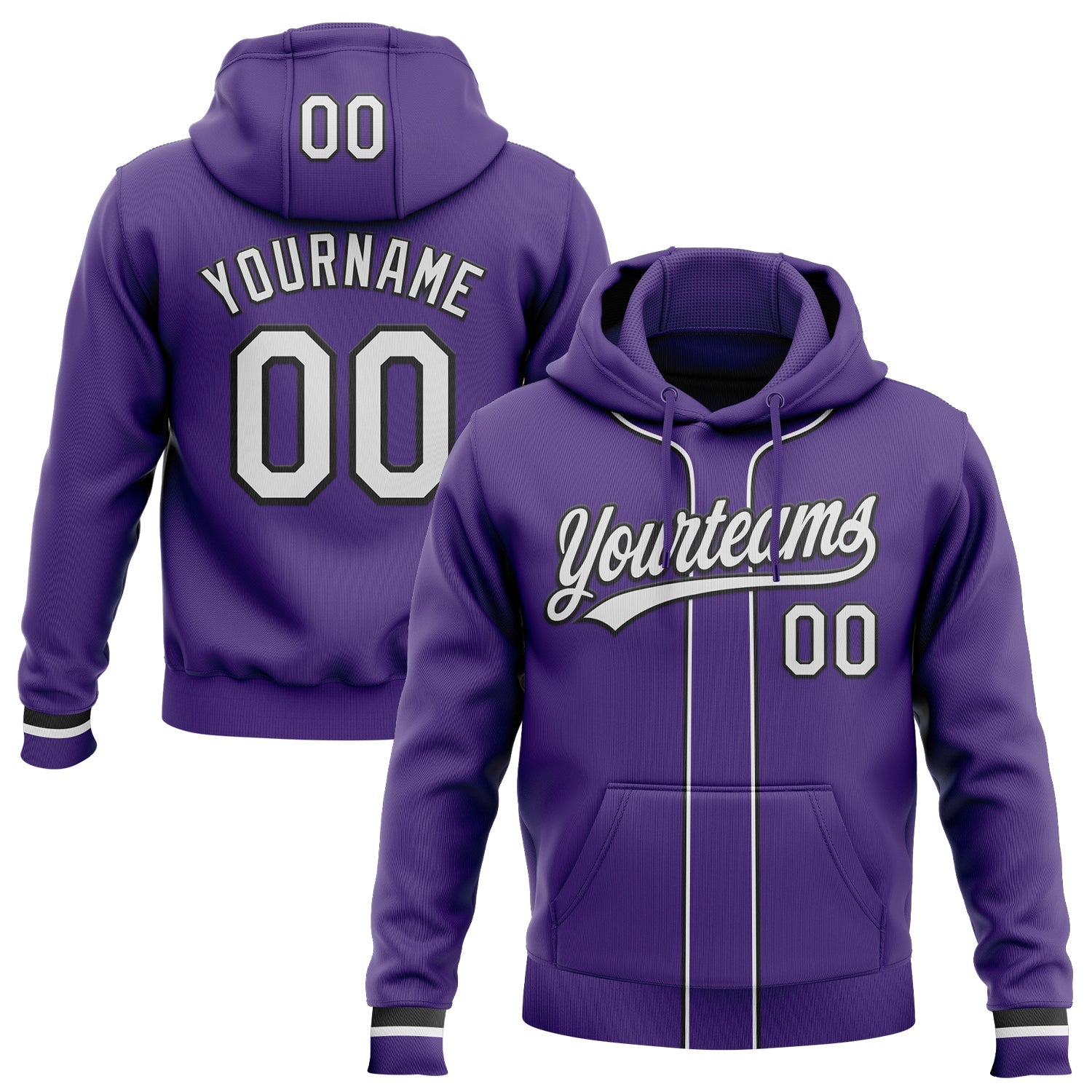 Custom Stitched Purple White-Black Baseball Pullover Sweatshirt Hoodie - Main View