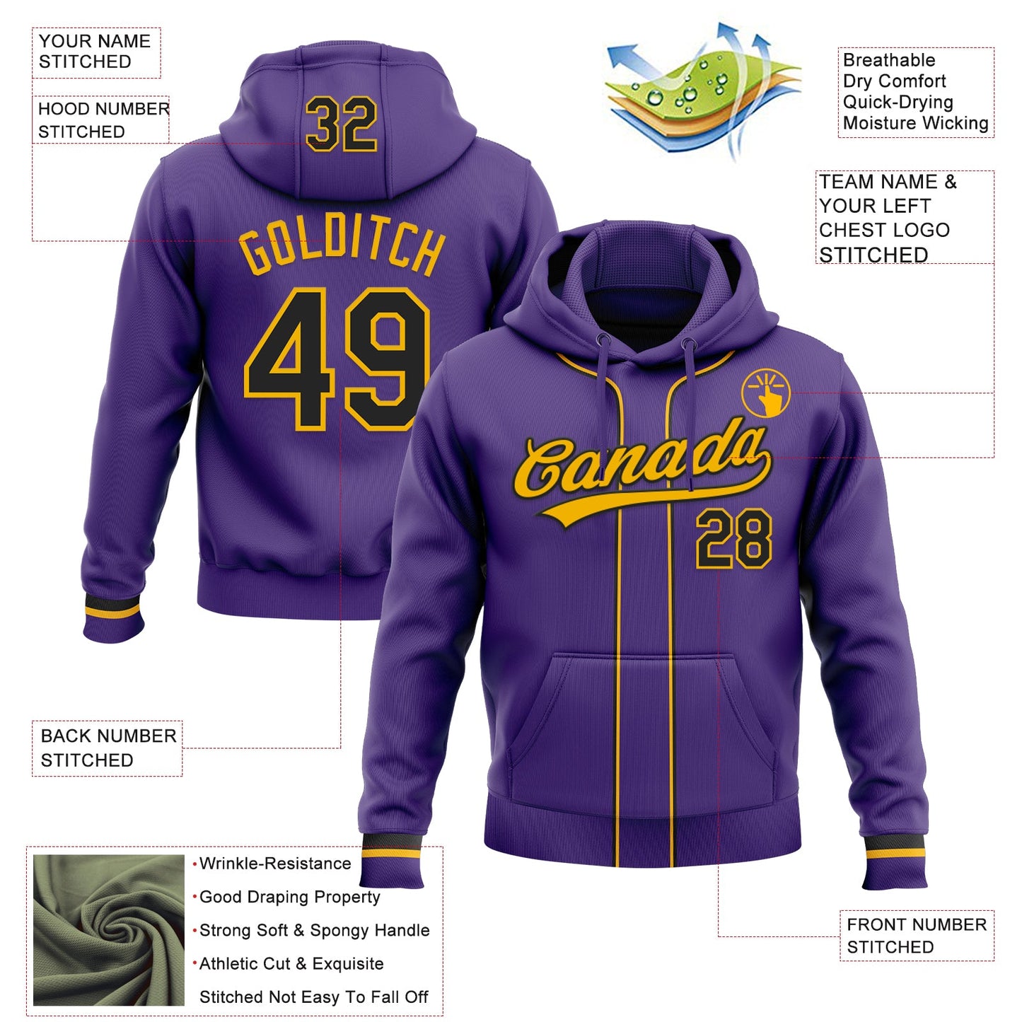 Custom Stitched Purple Black-Gold Baseball Pullover Sweatshirt Hoodie view 2