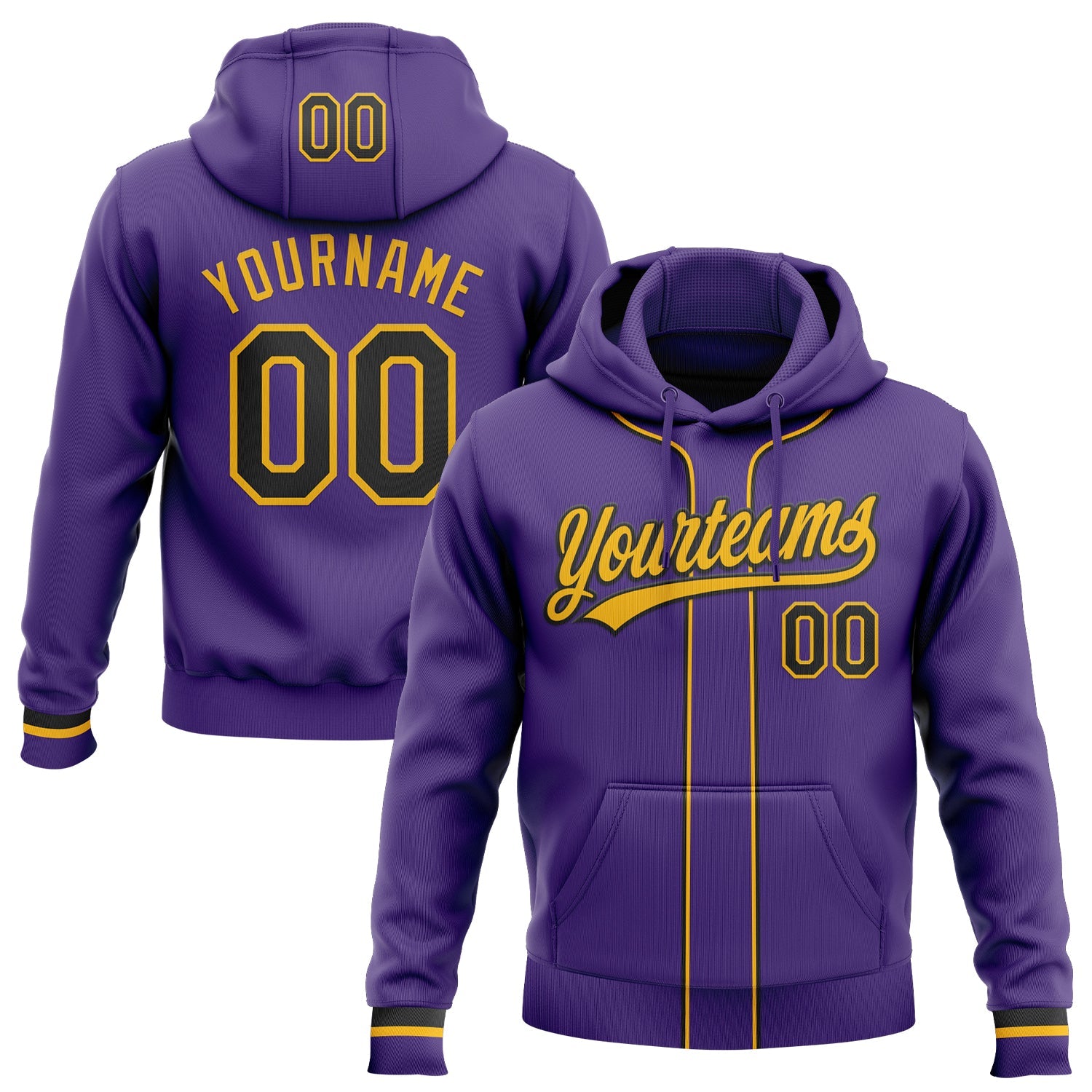 Custom Stitched Purple Black-Gold Baseball Pullover Sweatshirt Hoodie - Main View