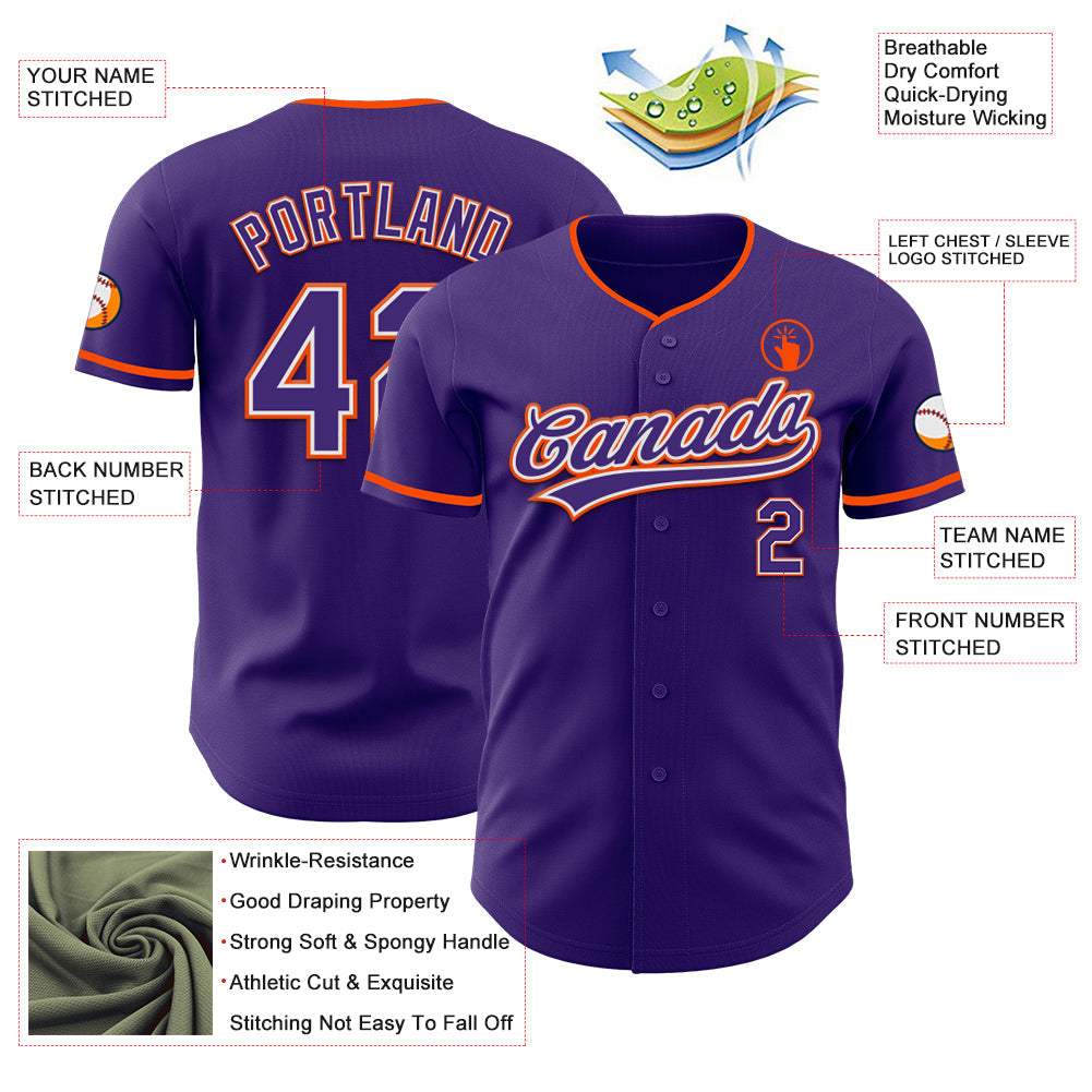 Custom Purple White-Orange Authentic Baseball Jersey view 3