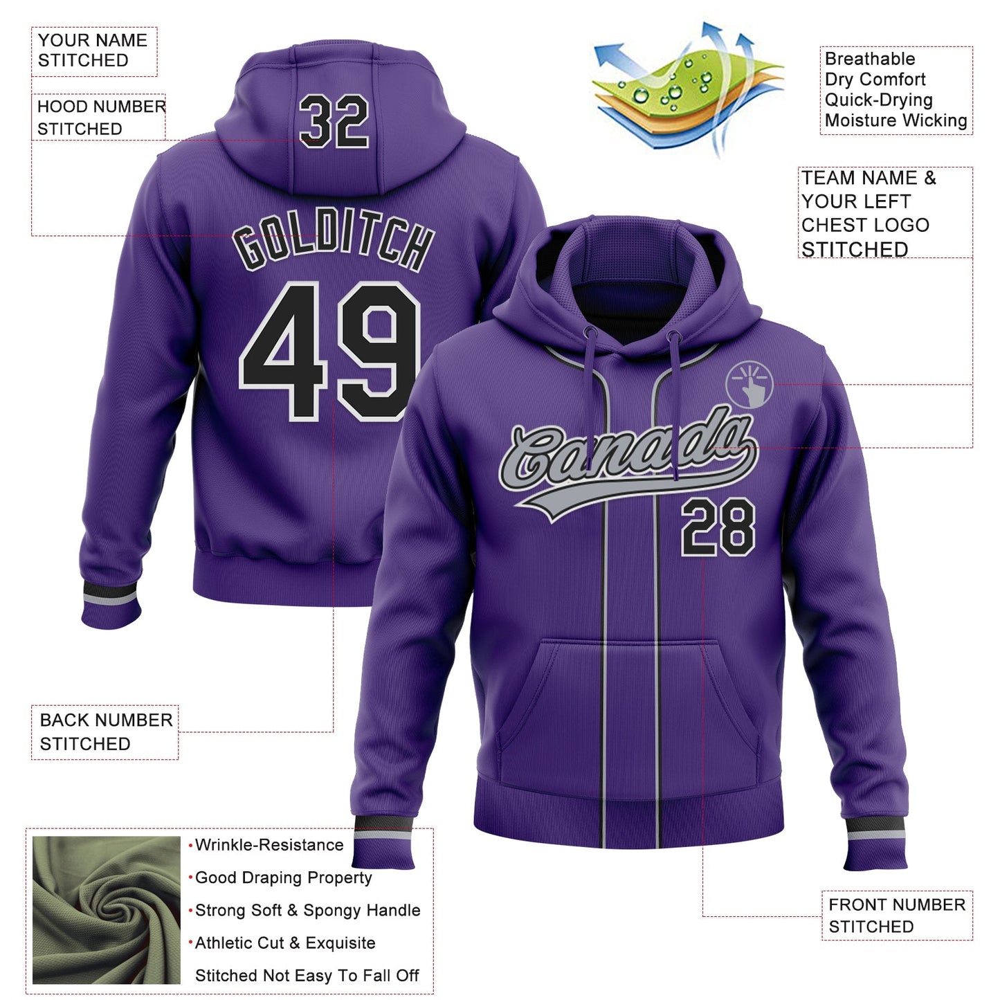 Custom Stitched Purple Black-White Baseball Pullover Sweatshirt Hoodie view 2