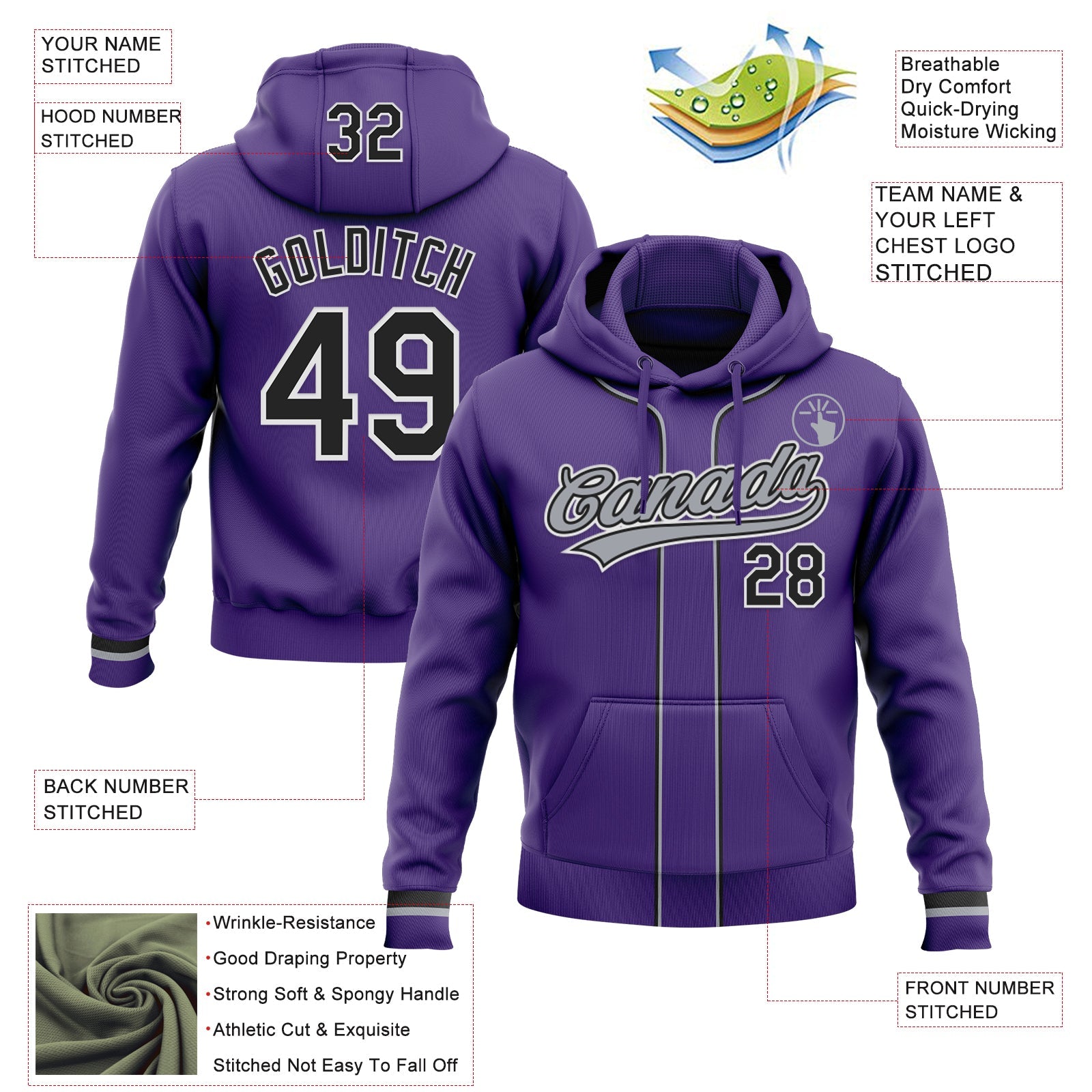 Custom Stitched Purple Black-White Baseball Pullover Sweatshirt Hoodie view 2