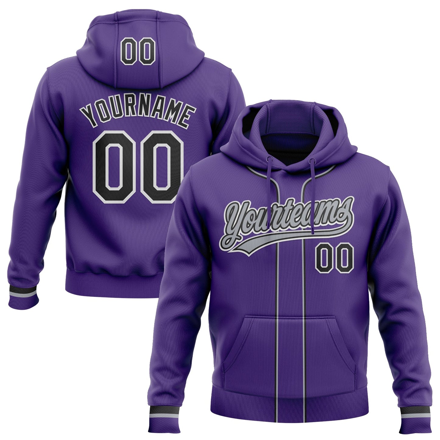 Custom Stitched Purple Black-White Baseball Pullover Sweatshirt Hoodie - Main View