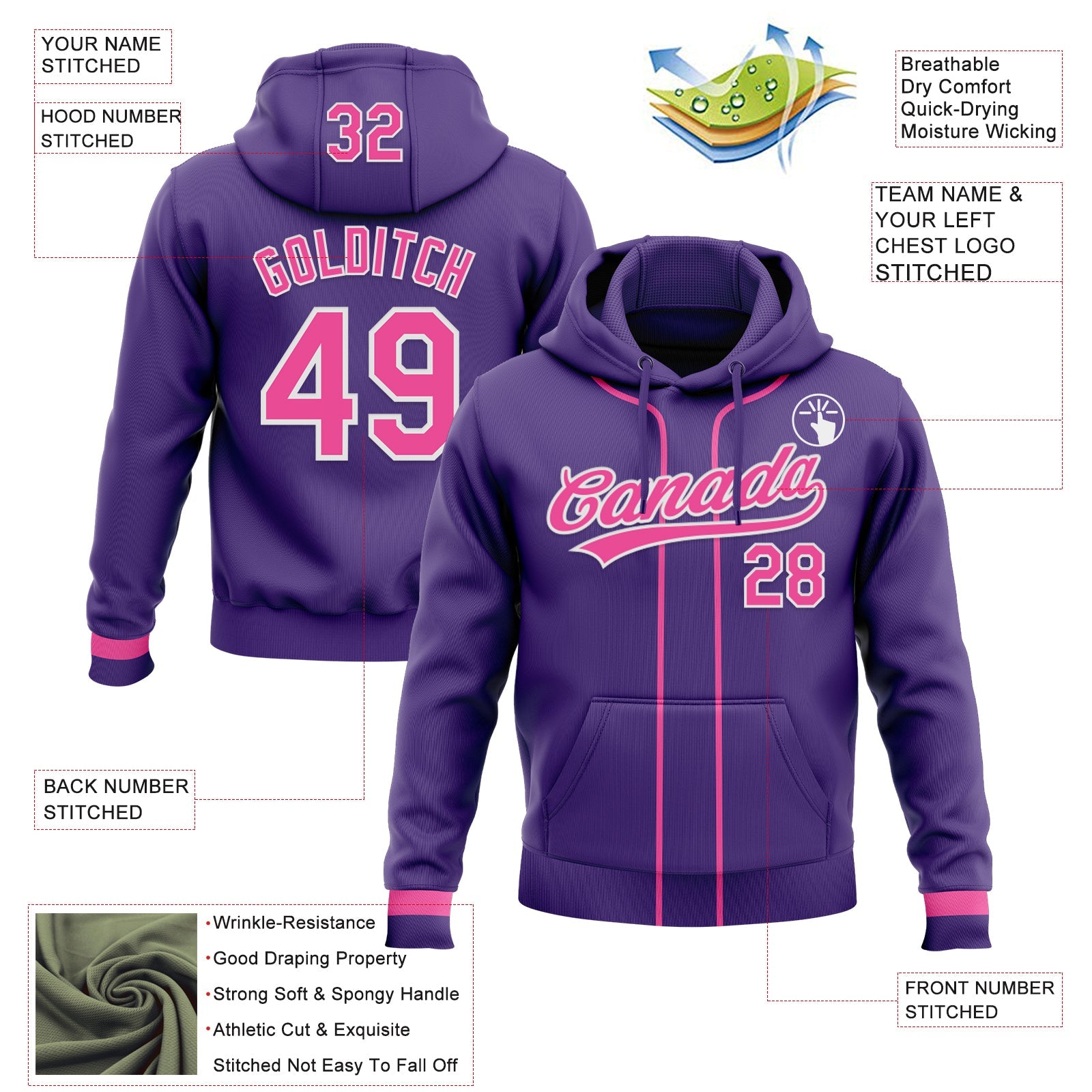 Custom Stitched Purple Pink-White Baseball Pullover Sweatshirt Hoodie view 2