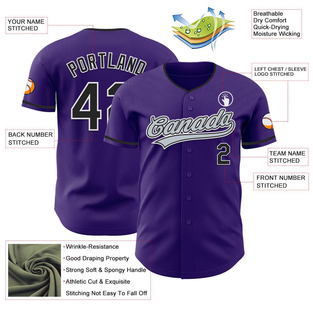 Custom Purple Black-White Authentic Baseball Jersey view 3