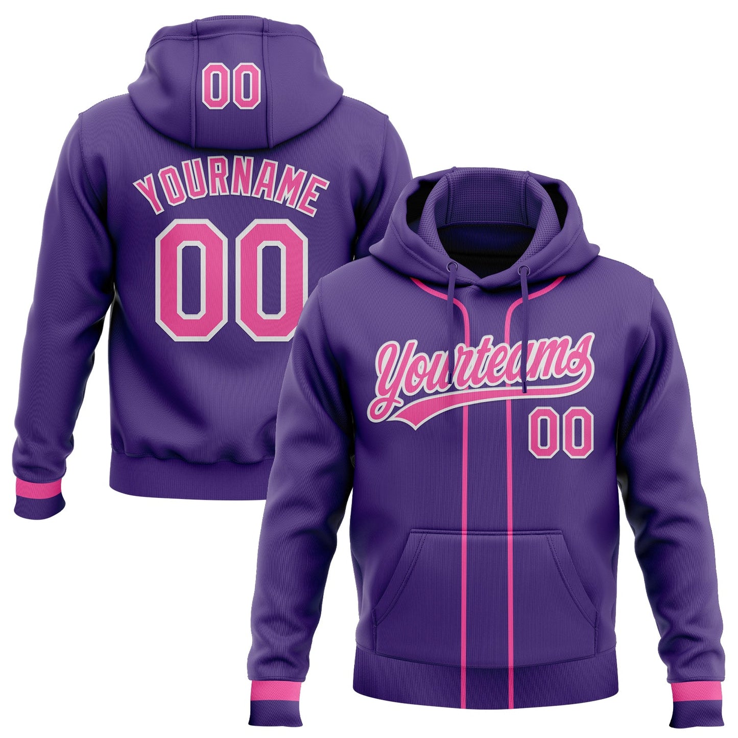 Custom Stitched Purple Pink-White Baseball Pullover Sweatshirt Hoodie - Main View