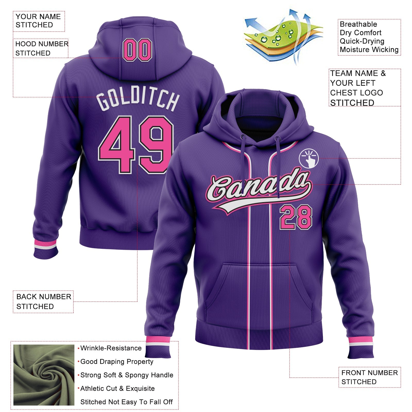 Custom Stitched Purple Pink Black-White Baseball Pullover Sweatshirt Hoodie view 2