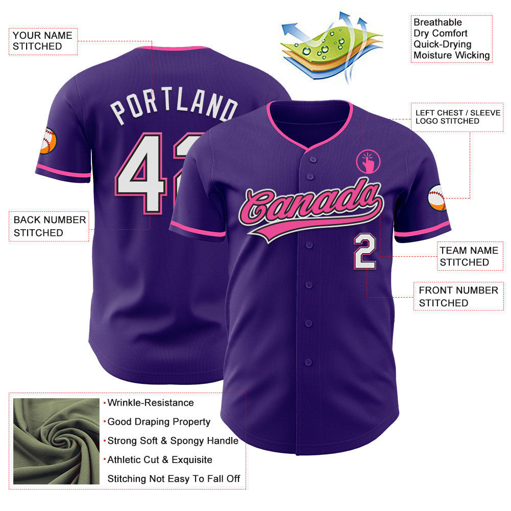 Custom Purple White Black-Pink Authentic Baseball Jersey view 3