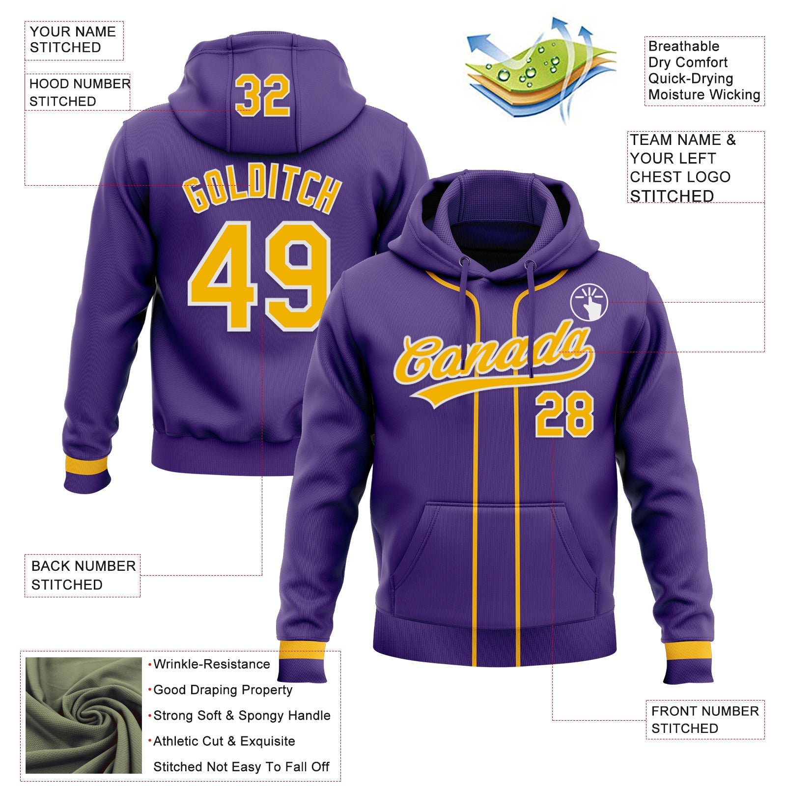 Custom Stitched Purple Gold-White Baseball Pullover Sweatshirt Hoodie view 2
