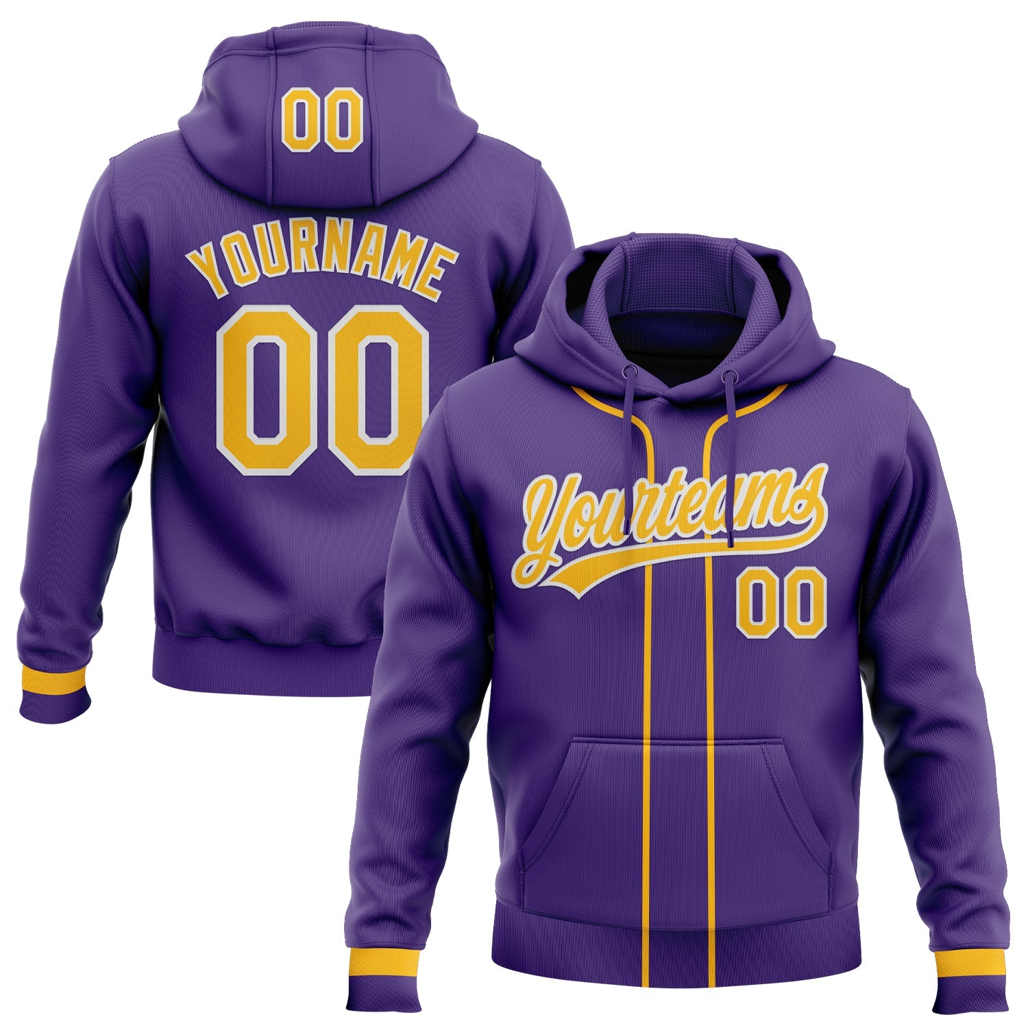 Custom Stitched Purple Gold-White Baseball Pullover Sweatshirt Hoodie - Main View
