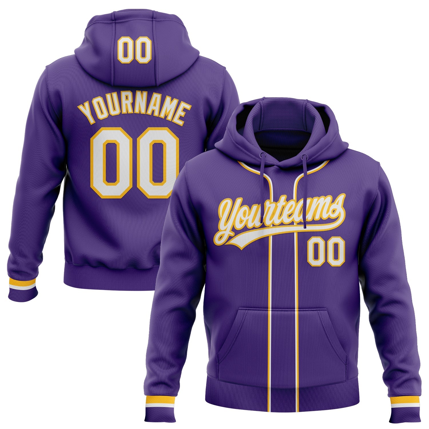 Custom Stitched Purple White-Gold Baseball Pullover Sweatshirt Hoodie - Main View