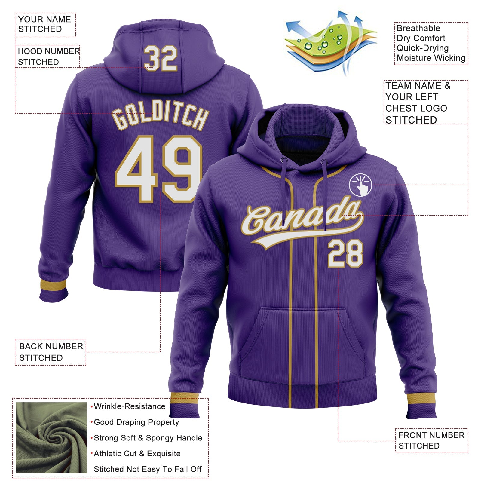 Custom Stitched Purple White-Old Gold Baseball Pullover Sweatshirt Hoodie view 2