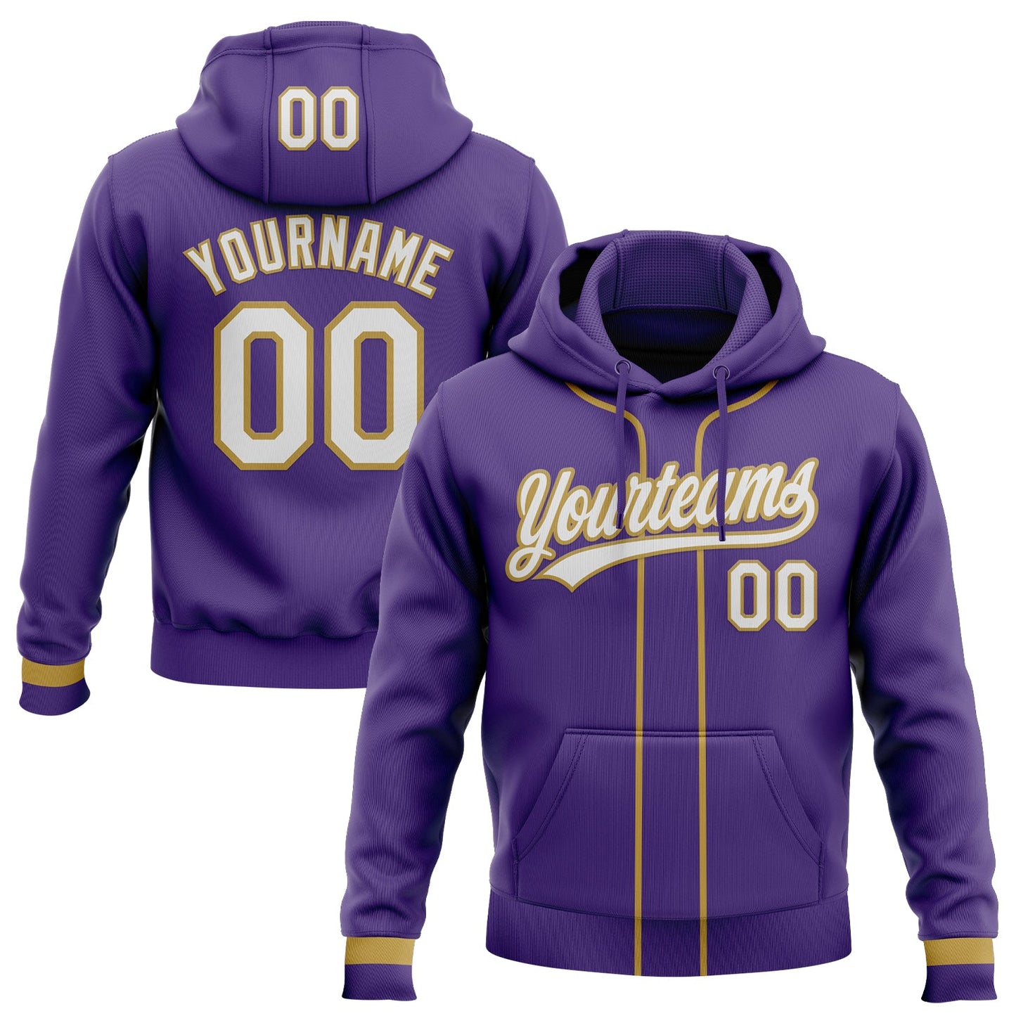 Custom Stitched Purple White-Old Gold Baseball Pullover Sweatshirt Hoodie - Main View