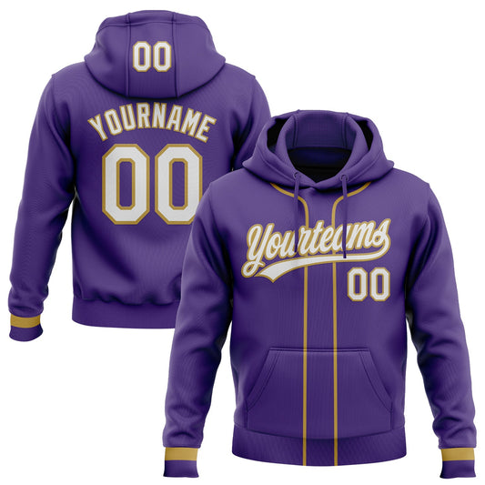 Custom Stitched Purple White-Old Gold Baseball Pullover Sweatshirt Hoodie - Main View