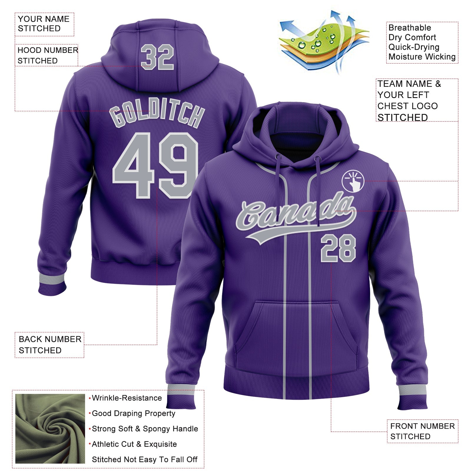 Custom Stitched Purple Gray-White Baseball Pullover Sweatshirt Hoodie view 2
