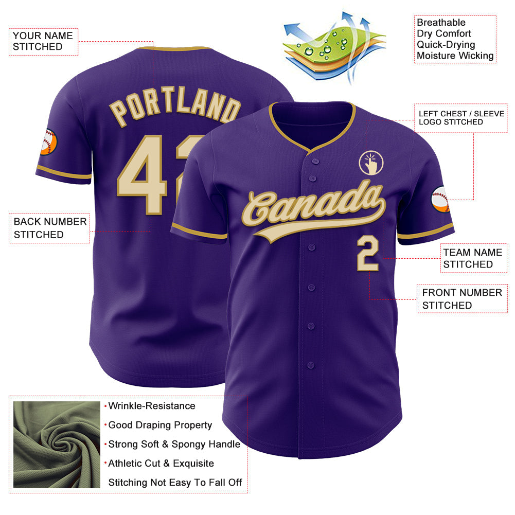 Custom Purple Cream-Old Gold Authentic Baseball Jersey view 3