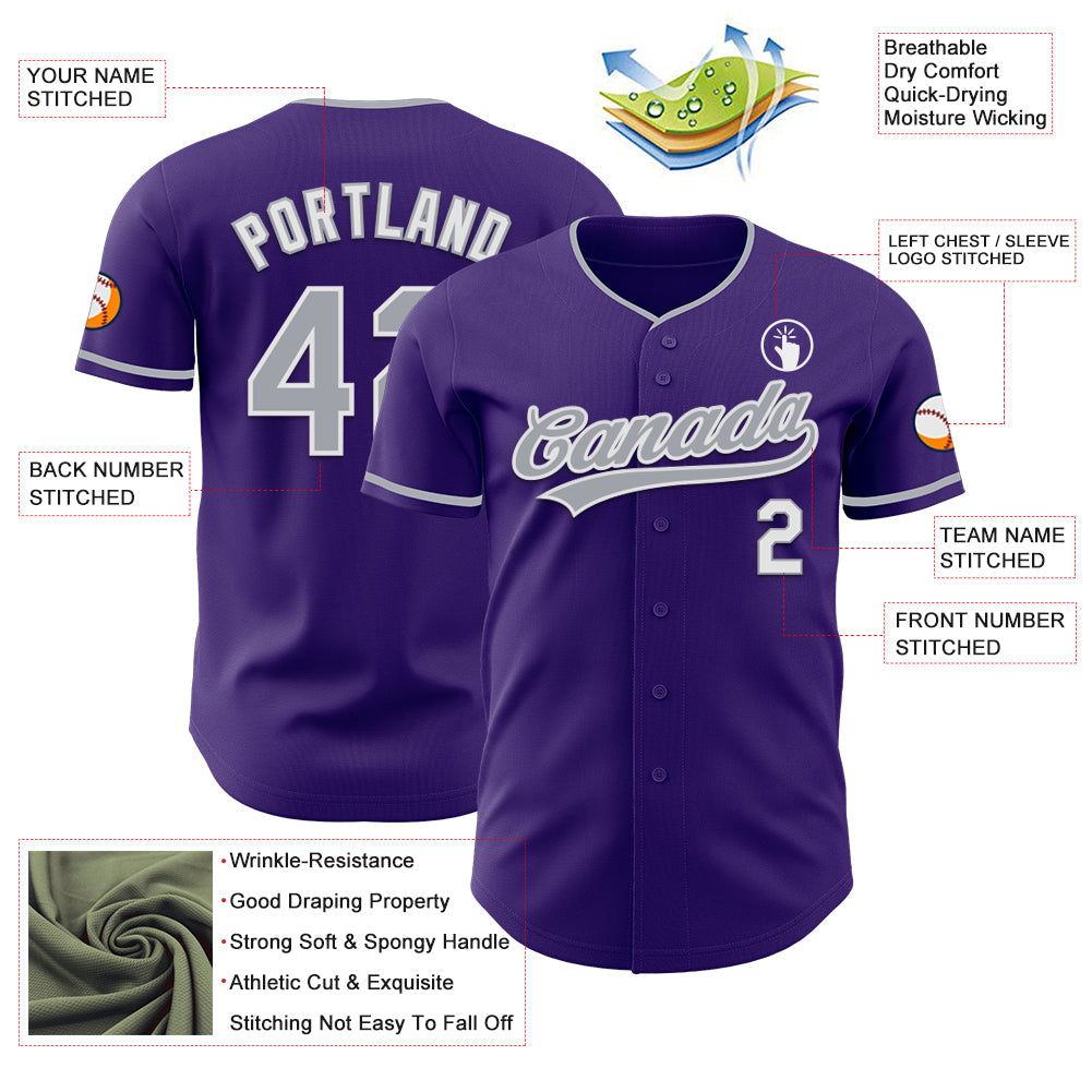 Custom Purple Gray-White Authentic Baseball Jersey view 3