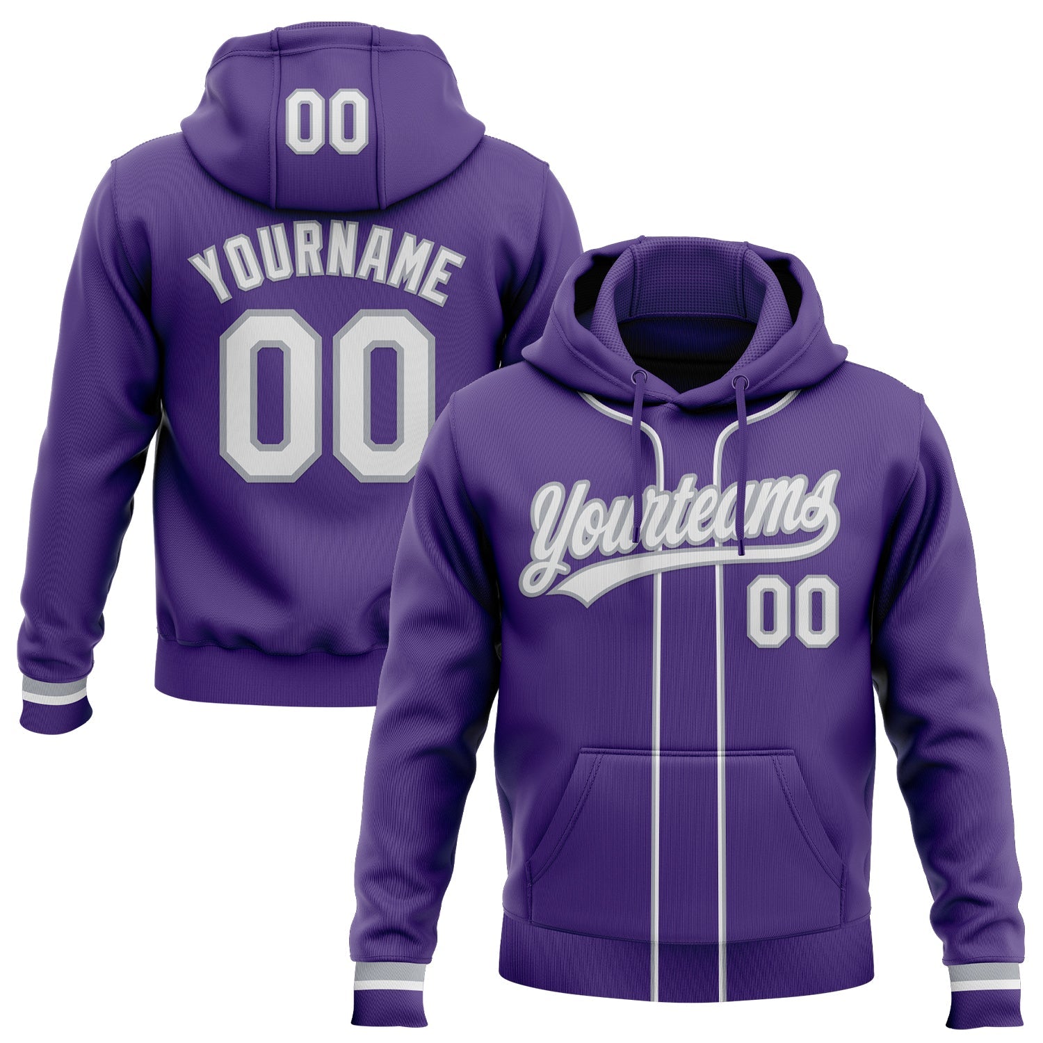 Custom Stitched Purple White-Gray Baseball Pullover Sweatshirt Hoodie - Main View