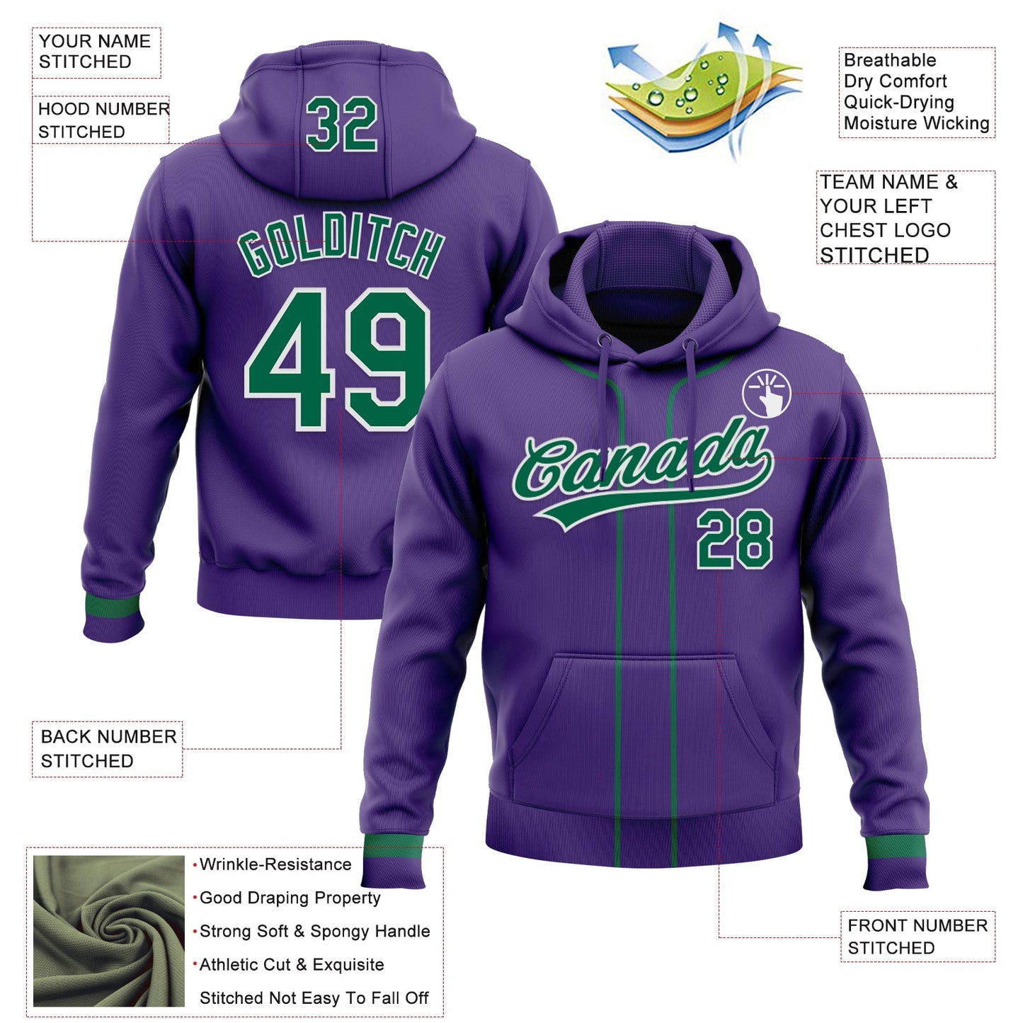 Custom Stitched Purple Kelly Green-White Baseball Pullover Sweatshirt Hoodie view 2