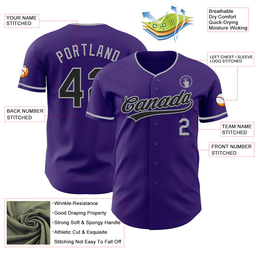 Custom Purple Black-Gray Authentic Baseball Jersey view 3