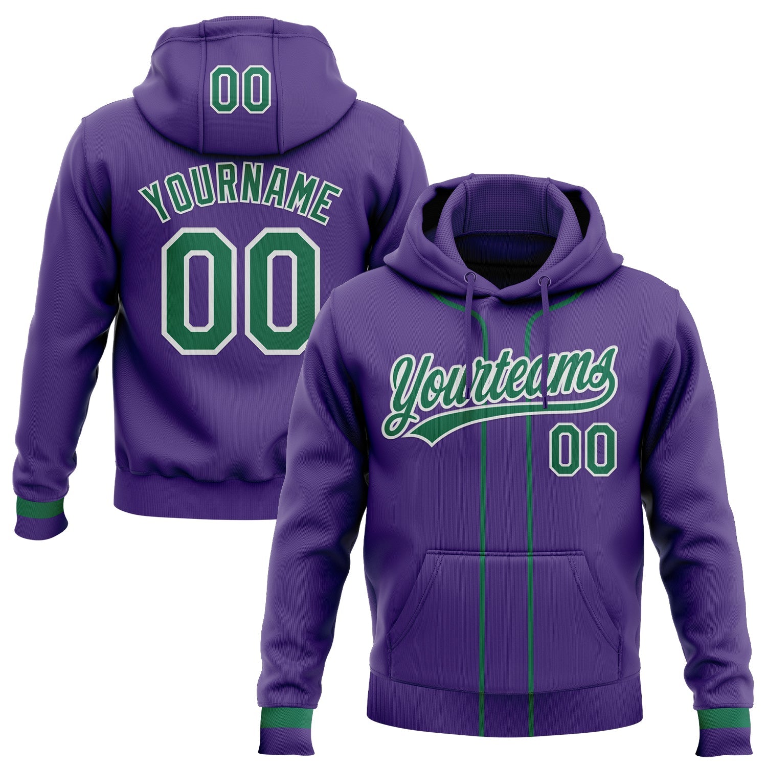 Custom Stitched Purple Kelly Green-White Baseball Pullover Sweatshirt Hoodie - Main View