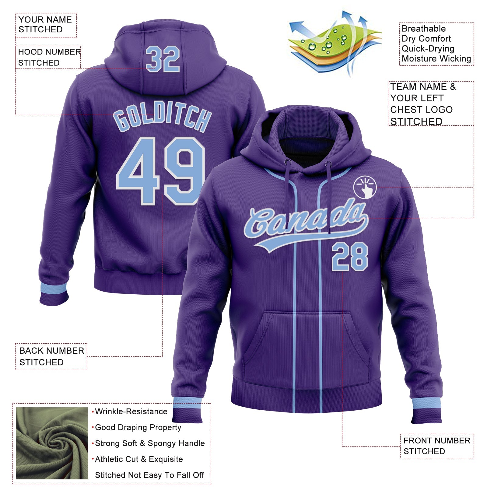Custom Stitched Purple Light Blue-White Baseball Pullover Sweatshirt Hoodie view 2