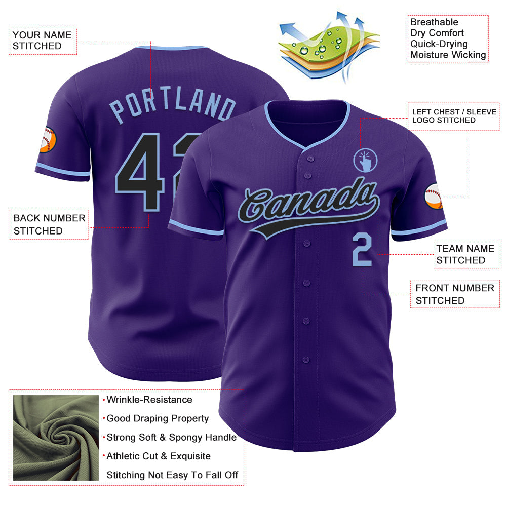 Custom Purple Black-Light Blue Authentic Baseball Jersey view 3
