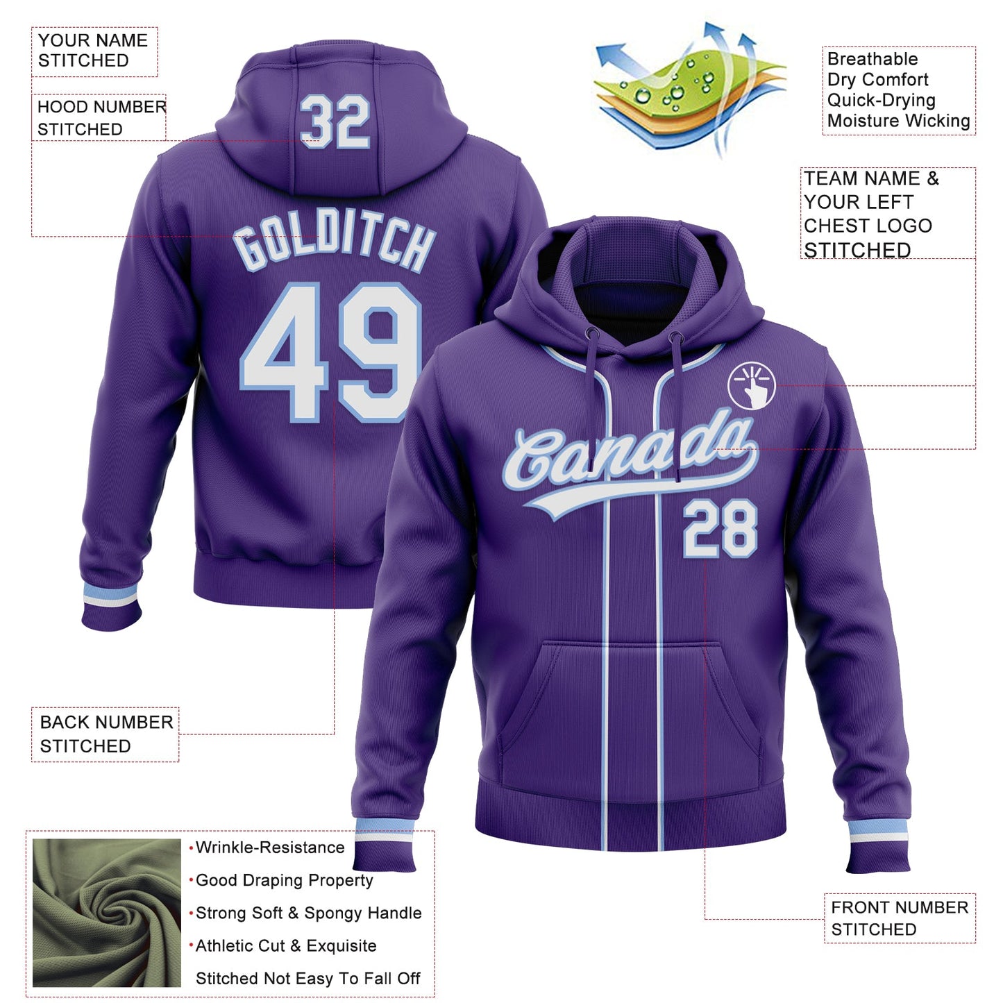 Custom Stitched Purple White-Light Blue Baseball Pullover Sweatshirt Hoodie view 2