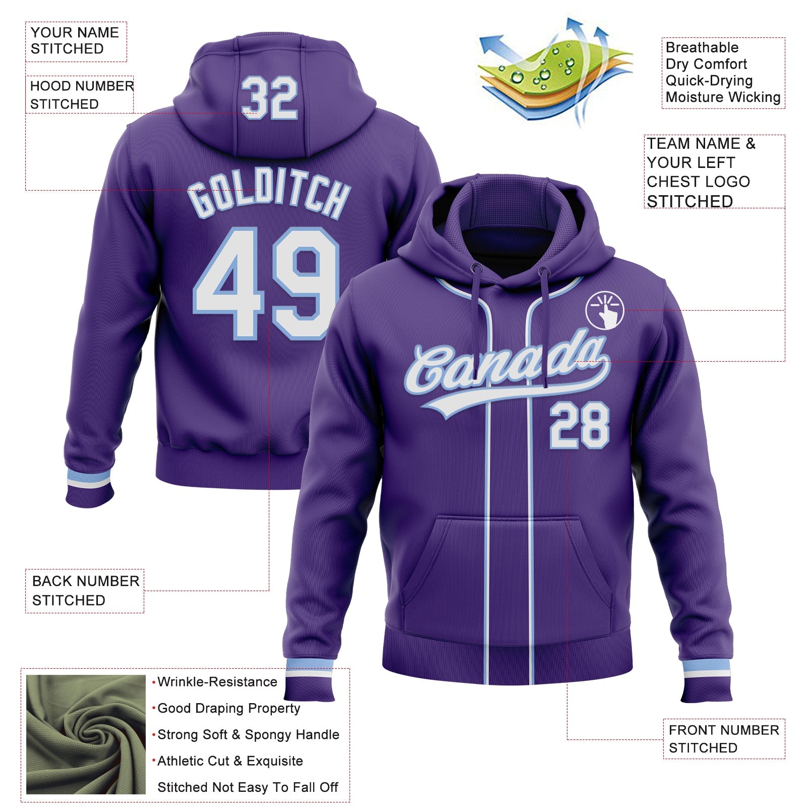 Custom Stitched Purple White-Light Blue Baseball Pullover Sweatshirt Hoodie view 2