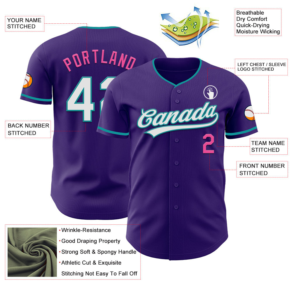 Custom Purple White Teal-Pink Authentic Baseball Jersey view 3