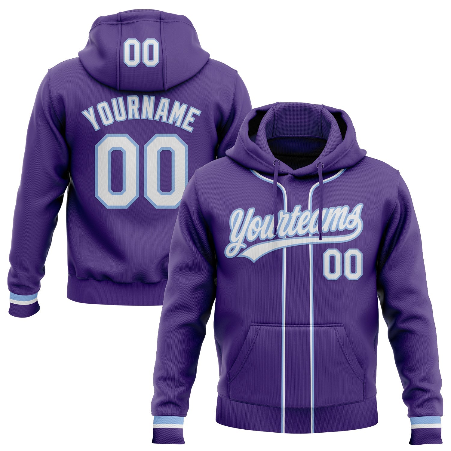 Custom Stitched Purple White-Light Blue Baseball Pullover Sweatshirt Hoodie - Main View