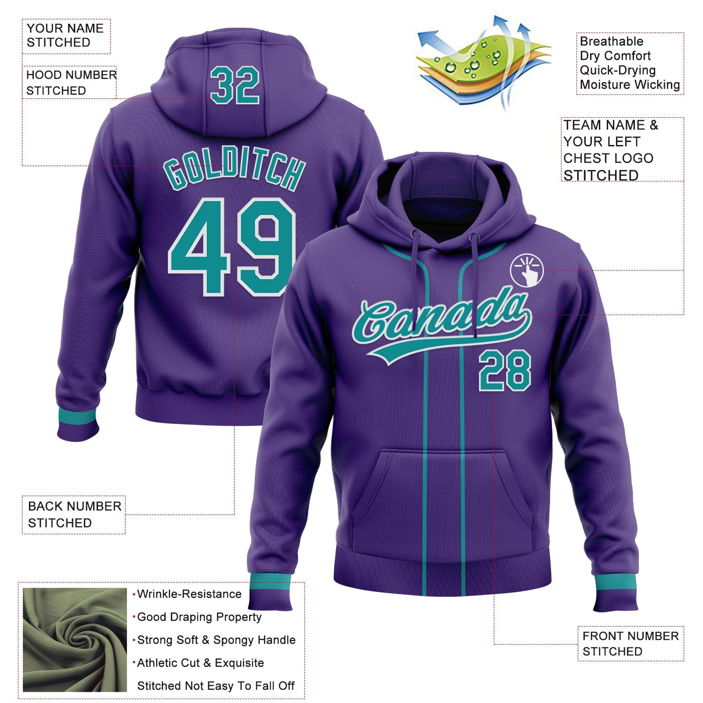 Custom Stitched Purple Teal-White Baseball Pullover Sweatshirt Hoodie view 2