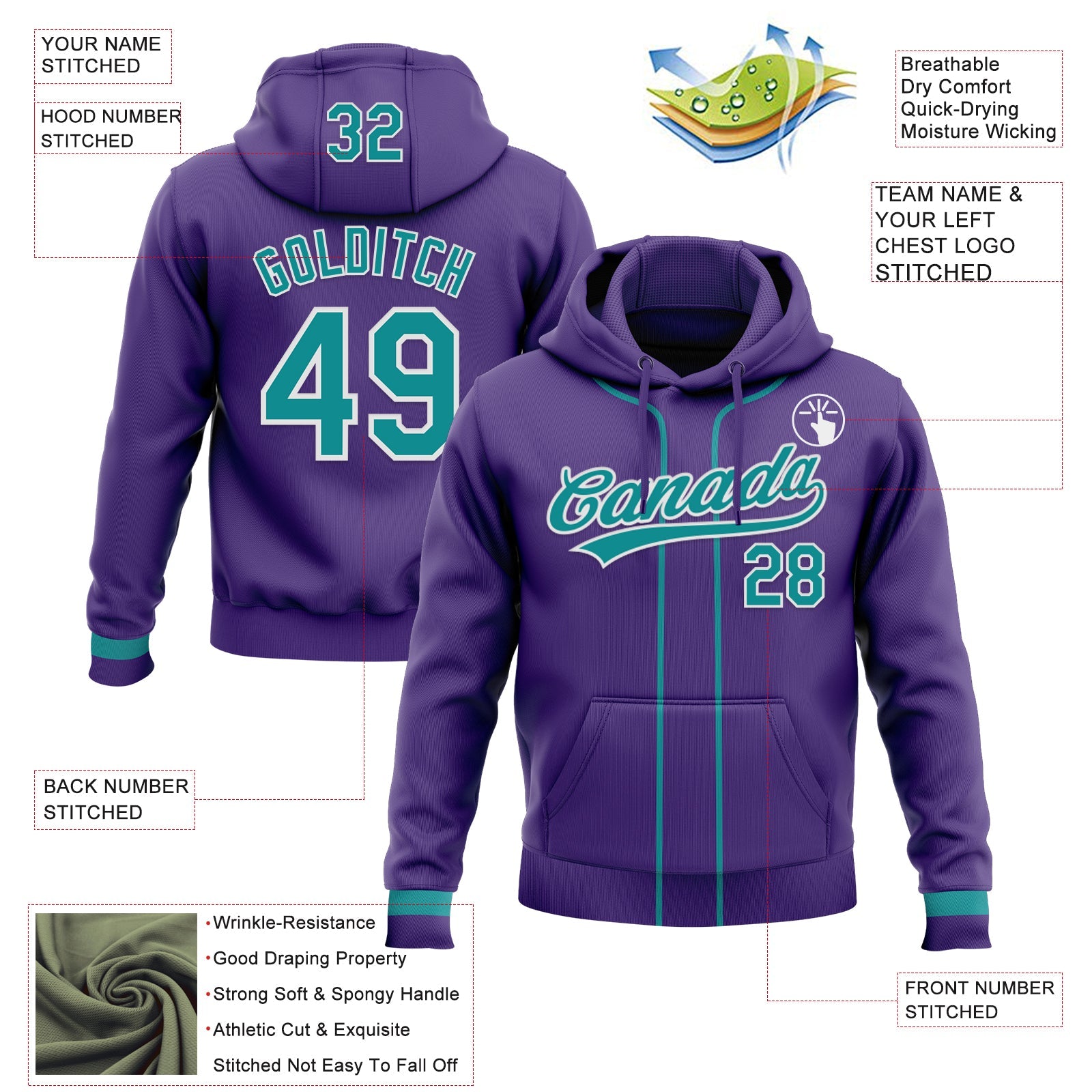 Custom Stitched Purple Teal-White Baseball Pullover Sweatshirt Hoodie view 2