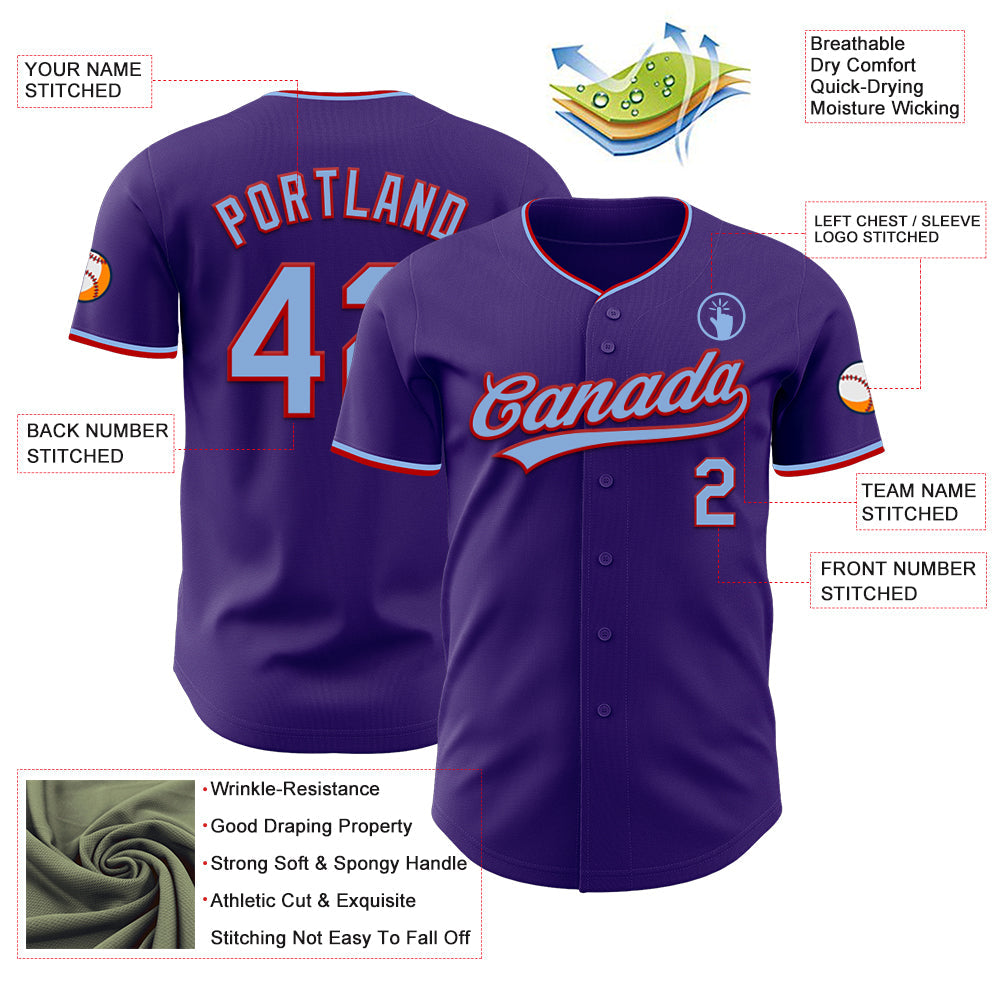 Custom Purple Light Blue-Red Authentic Baseball Jersey view 3