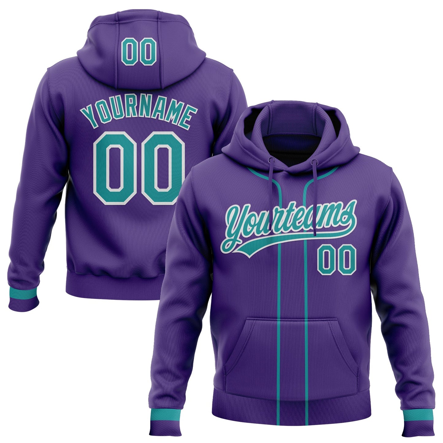 Custom Stitched Purple Teal-White Baseball Pullover Sweatshirt Hoodie - Main View