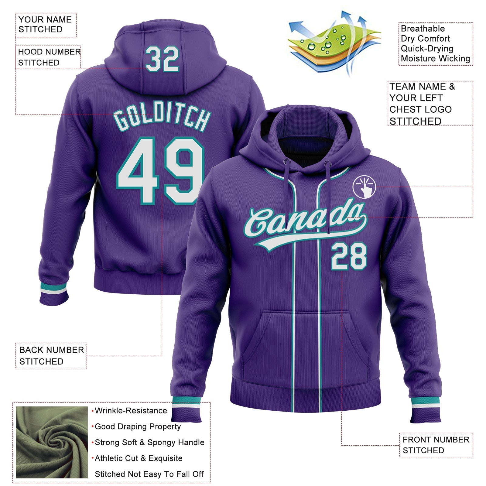 Custom Stitched Purple White-Teal Baseball Pullover Sweatshirt Hoodie view 2