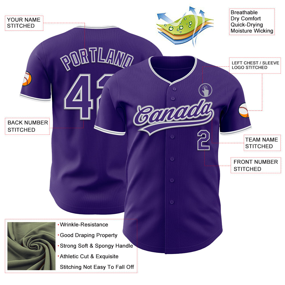 Custom Purple White-Gray Authentic Baseball Jersey view 3