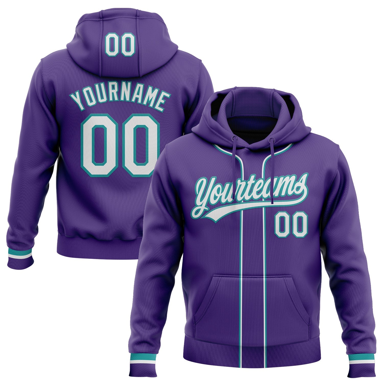 Custom Stitched Purple White-Teal Baseball Pullover Sweatshirt Hoodie - Main View