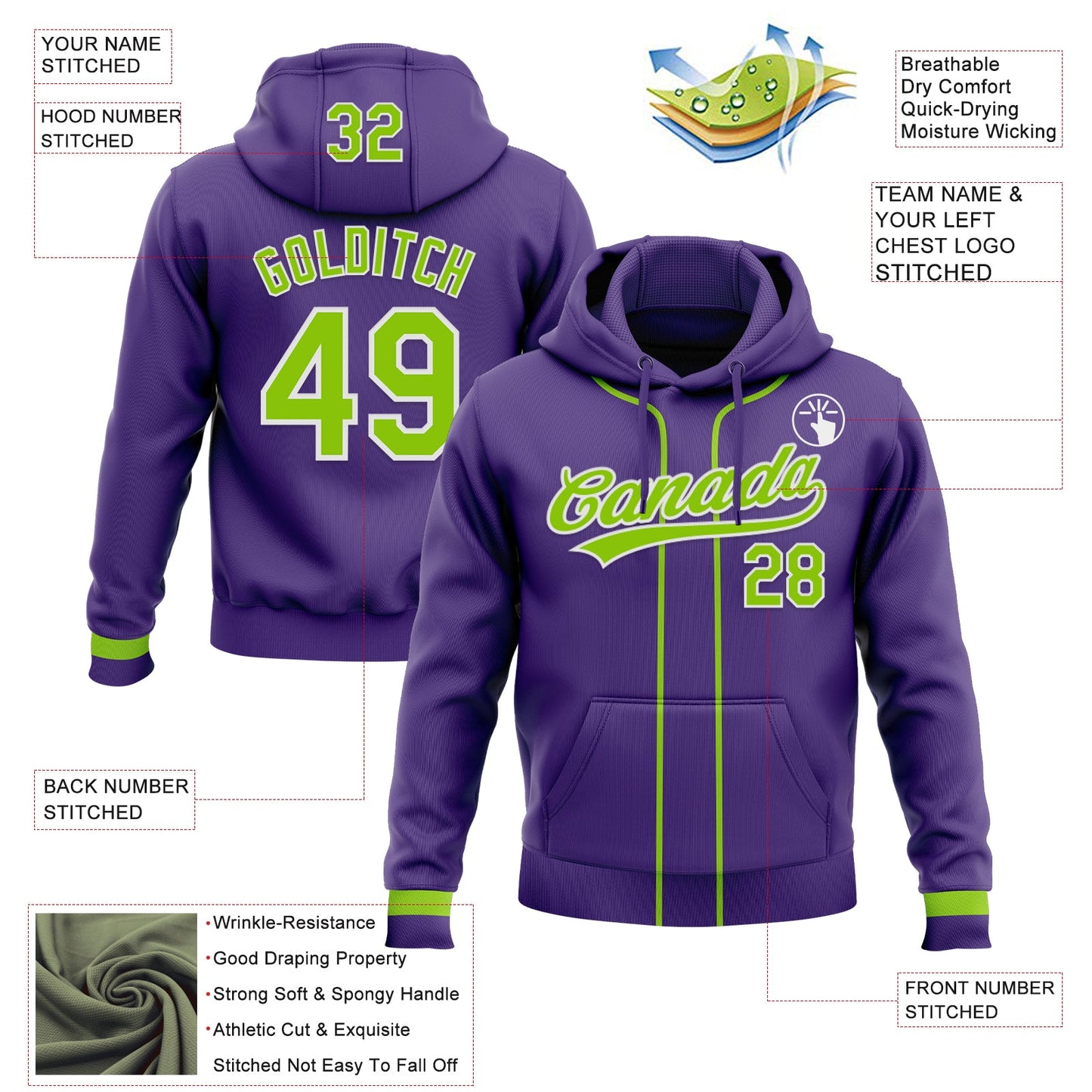 Custom Stitched Purple Neon Green-White Baseball Pullover Sweatshirt Hoodie view 2