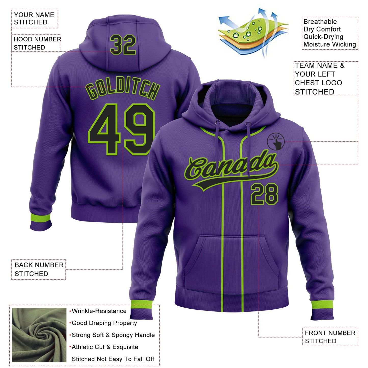 Custom Stitched Purple Black-Neon Green Baseball Pullover Sweatshirt Hoodie view 2