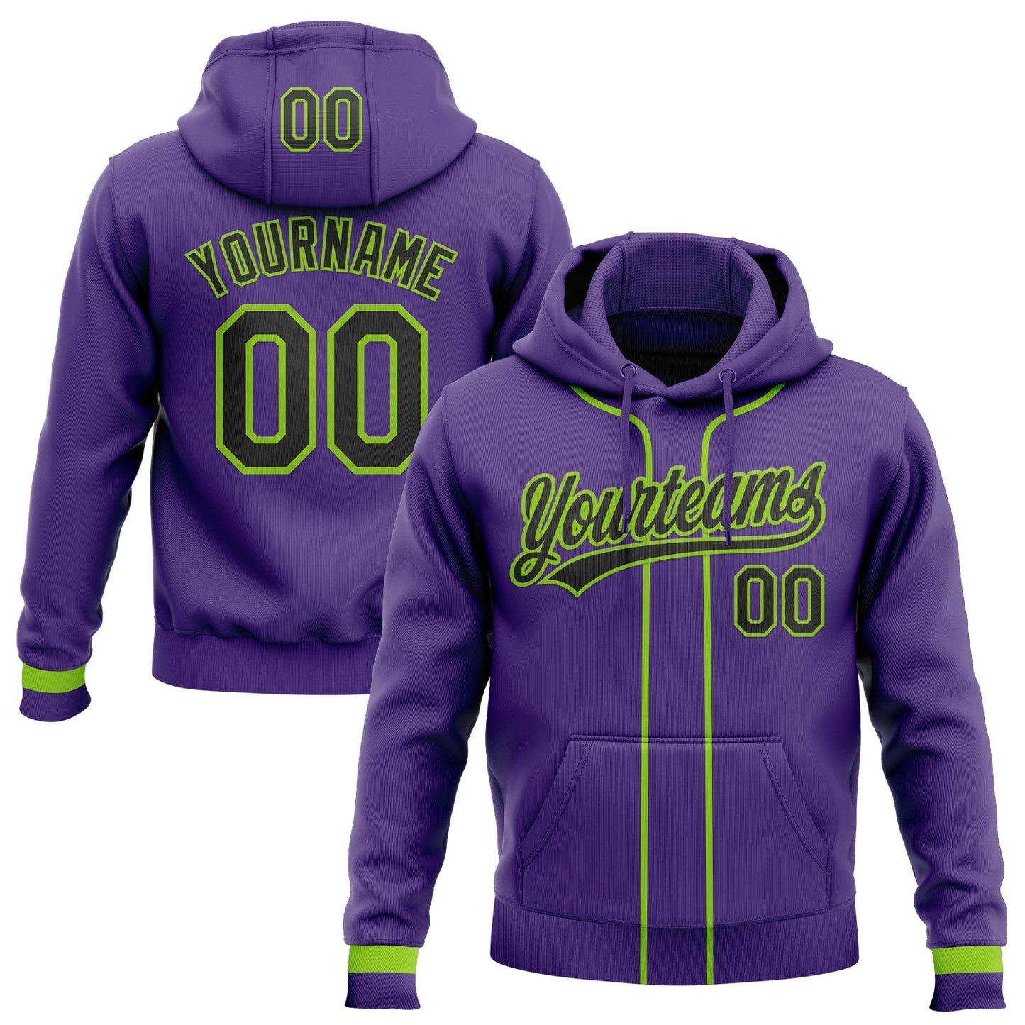 Custom Stitched Purple Black-Neon Green Baseball Pullover Sweatshirt Hoodie - Main View