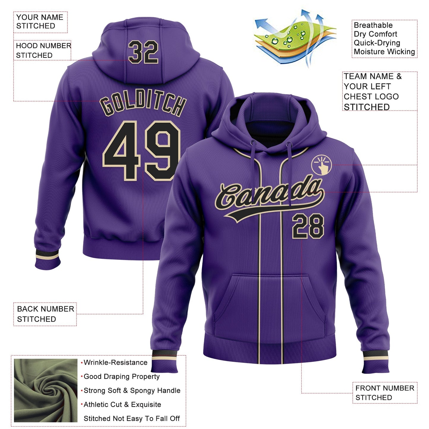 Custom Stitched Purple Black-Cream Baseball Pullover Sweatshirt Hoodie view 2