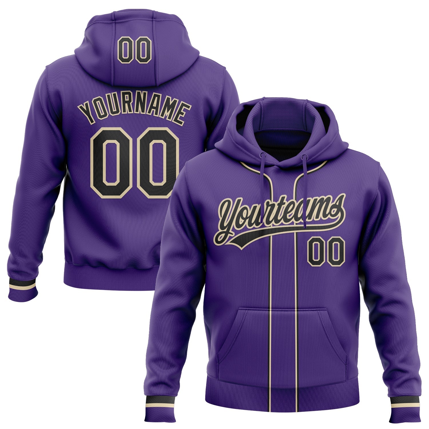 Custom Stitched Purple Black-Cream Baseball Pullover Sweatshirt Hoodie - Main View