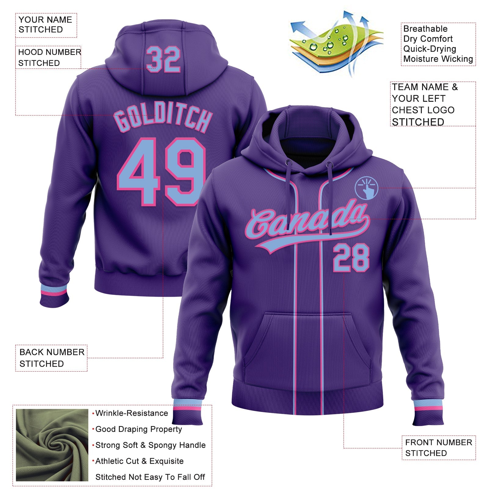 Custom Stitched Purple Light Blue-Pink Baseball Pullover Sweatshirt Hoodie view 2