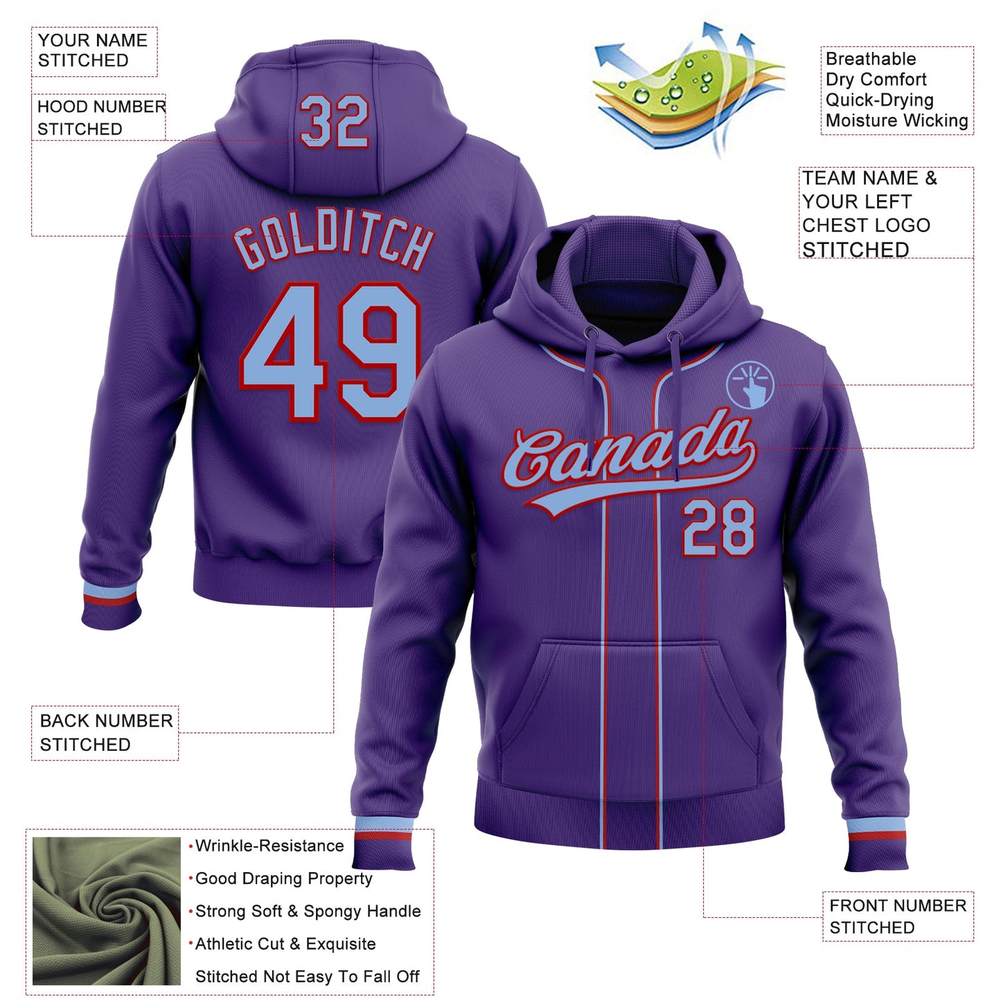 Custom Stitched Purple Light Blue-Red Baseball Pullover Sweatshirt Hoodie view 2