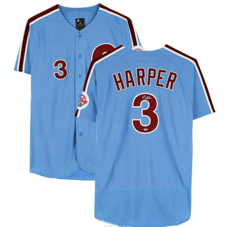 Philadelphia Phillies #3 Bryce Harper Light Blue Cooperstown Collection Authentic Jersey Baseball Jerseys - Main View