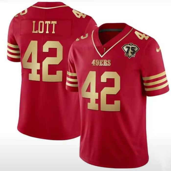 SF.49ers #42 Ronnie Lott Red 75th Scarlet Game Player Jersey Stitched American Football Jerseys - Main View